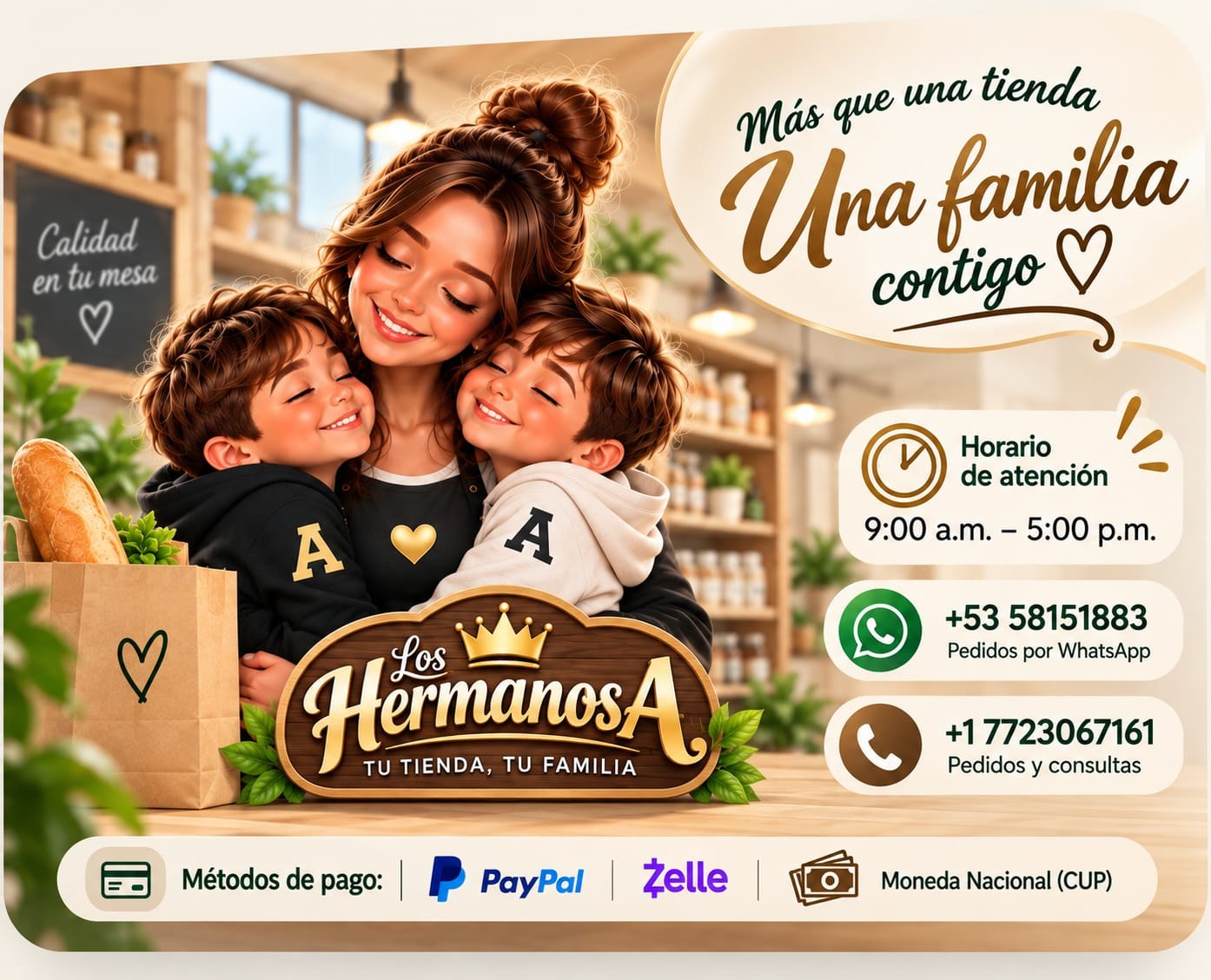Los Hermanos A · Una familia contigo · Horario de atención 9:00 a.m. a 5:00 p.m.